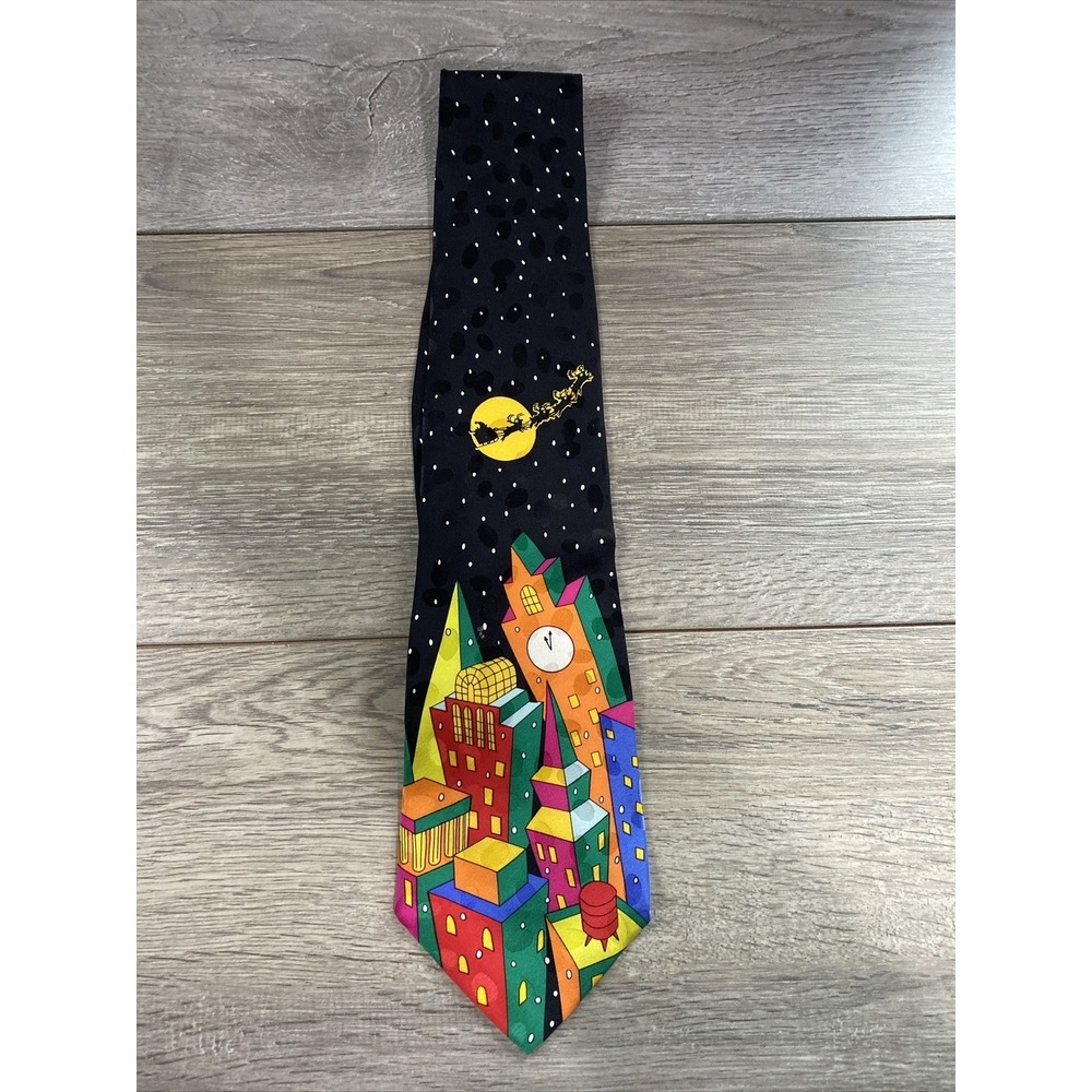 Unbranded Christmas Cityscape Tie Mens OS Black Excellent Santa Reindeer Silk‎